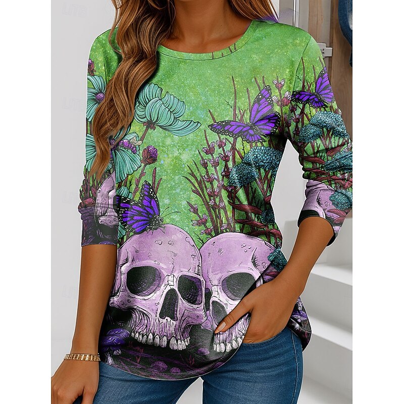 By David Lozeau Halloween Women's T Shirt Skulls Crew Neck Long Sleeve Tunic Floral Graphic  Vintage Stylish Classic  Regular Tops Daily Print3