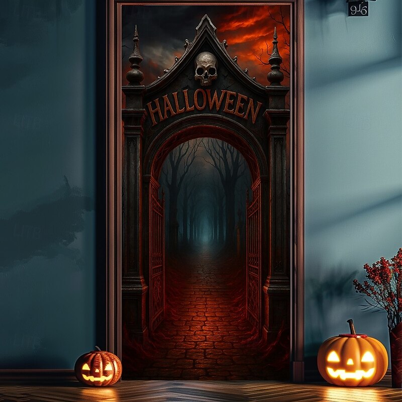 Halloween Door Cover – Glowing Golden Corridor to Haunted House, Spooky Entrance Banner, Creepy Outdoor 2025 Halloween Decoration for Bedroom, Living Room, Bathroom3