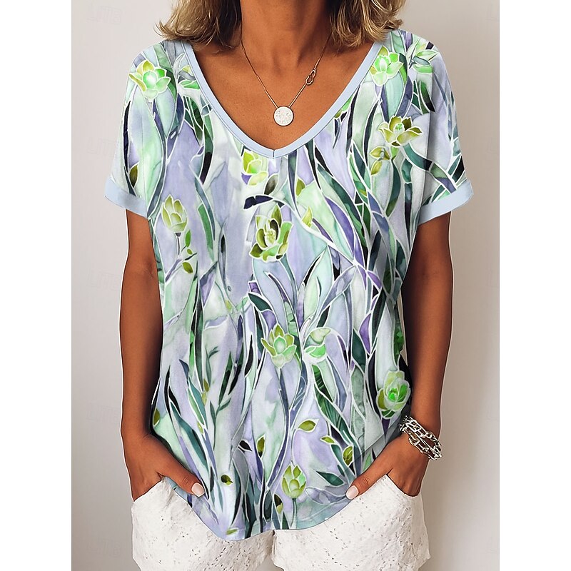 Women's T Shirt Graphic Plants Vintage Casual Short Sleeve V Neck Regular Tops Daily Weekend Vacation Wear Print Blue Purple Green Summer Spring3