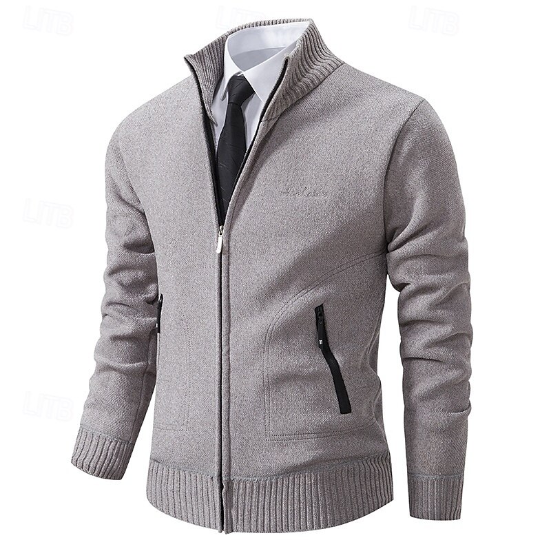 Men's Sweater Dress Sweater Cardigan Sweater Zip Sweater Knit Sweater Ribbed Knit Regular Tops Knitted Ribbed Plain Standing Collar Fashion Shawls Casual Daily Wear Clothing Apparel Fall Winter Black2