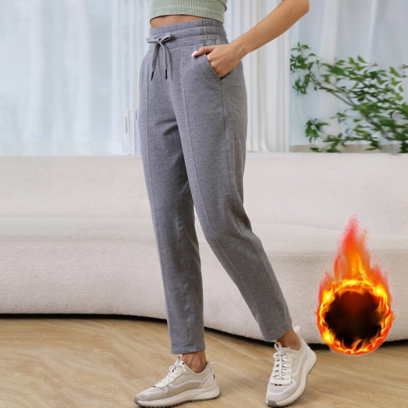 Women's Fleece Capris Pants Casual Pants with Pockets Warm Tummy Control High Waist Gym Workout Athletic Bottoms Solid Color Black Sports Activewear Slim