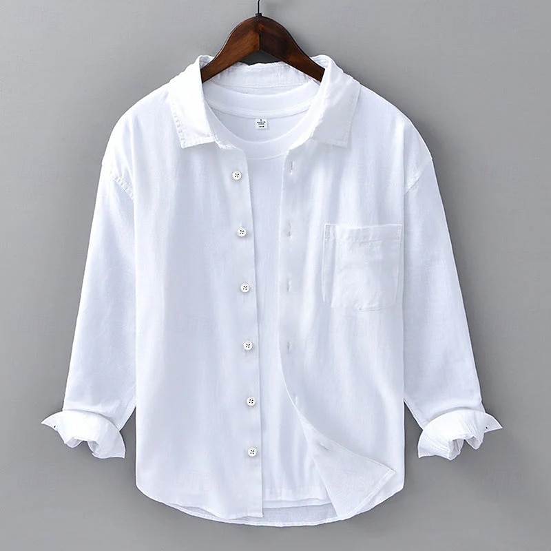 Men's Shirt Linen Shirt Summer Shirt Beach Shirt Button Up Shirt Plain Outdoor Street White Blue Green Long Sleeve Turndown Summer Spring Clothing Apparel Pocket