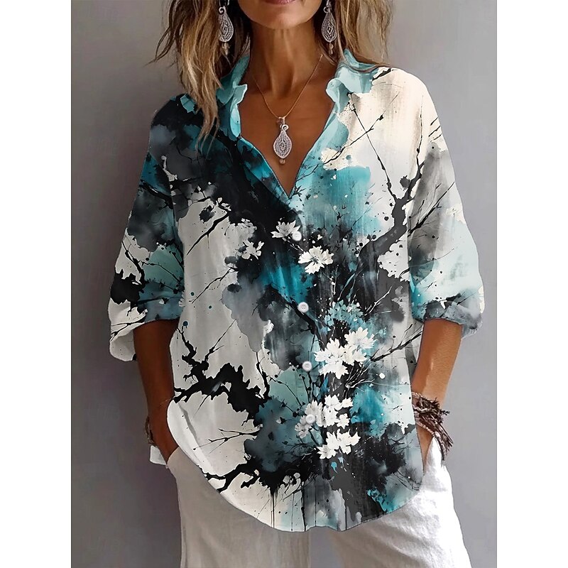 Women's Shirt Button Down Tunic Shirt Collar Long Sleeve Floral Graphic Tie Dye Vintage Daily Stylish Regular Tops Work Daily Holiday s Print Blue Fuchsia Green Spring Fall
