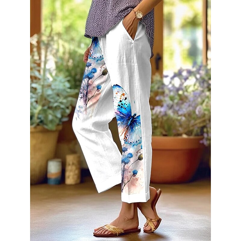 Women's Chinos Straight Vacation Vintage Casual Full Length High Waist Floral Graphic Butterfly Pocket Printing Soft Outdoor Breathable Inelastic Vacation Casual Daily Violet Robin's Egg Blue Pink3