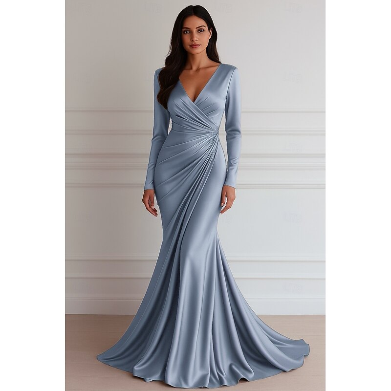 Mermaid / Trumpet Evening Gown Elegant Dress Formal Wedding Floor Length Long Sleeve V NeckDress Stretch Satin with Pleats4