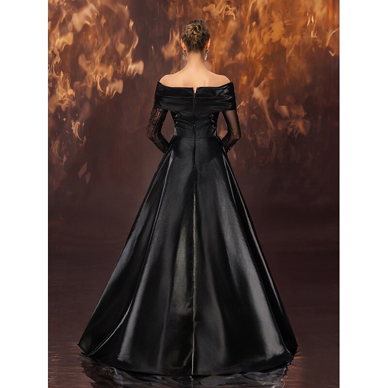 Black Gown A-Line Evening Gown Elegant Dress Formal Wedding Floor Length Sleeveless Off Shoulder Stretch Satin with Pleats Beading Lace Sleeve4