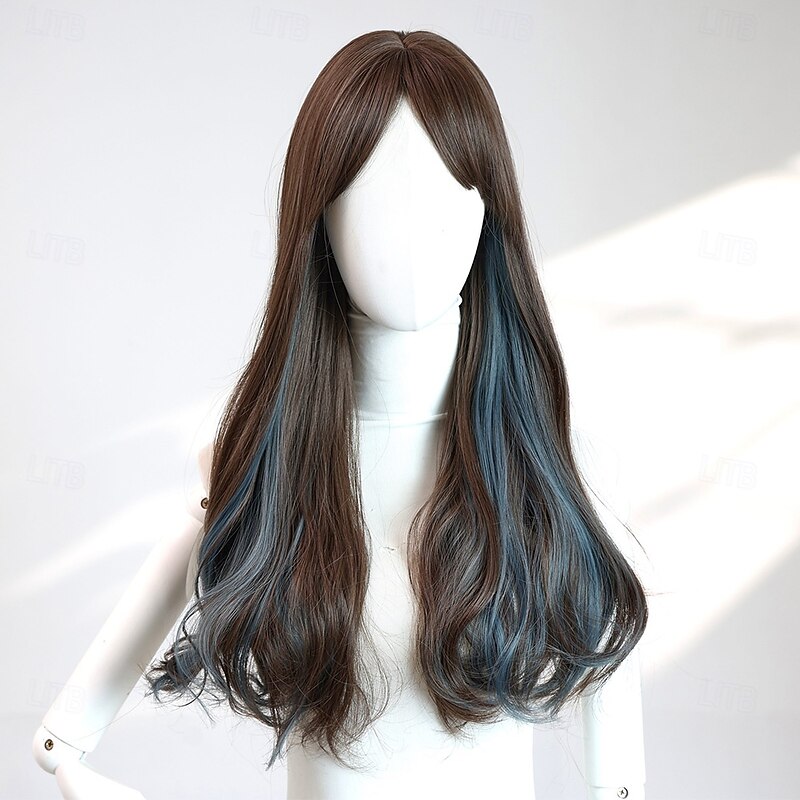 22-Inch Black and Blue Two-Tone Wavy Wig for Women – Full Bangs, Long Hair, Perfect for Halloween, Cosplay, and Fashion Looks2