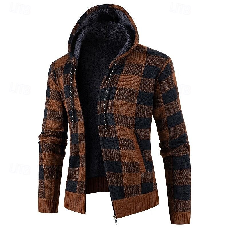 Men's Cardigan Sweater Cropped  Sweater Zip Sweater Knit Sweater Ribbed Knit Regular Tops Knitted Plaid Hooded Fashion Classic Vacation Daily Wear Clothing Apparel Fall Winter Red Navy Blue M L XL3