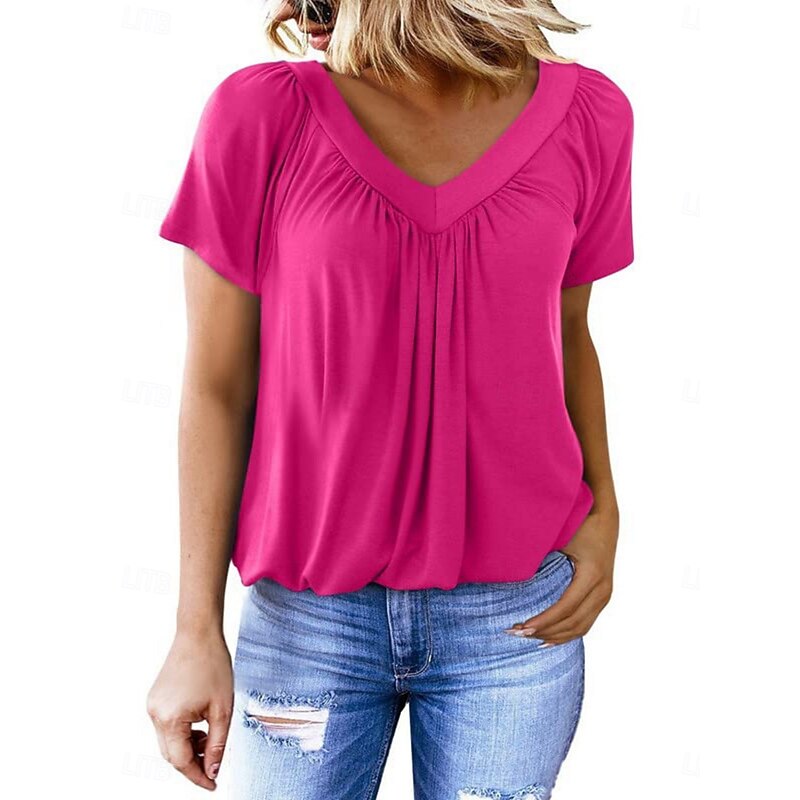 Women's T Shirt Plain Fashion Modern Casual Short Sleeve V Neck Regular Tops Daily Weekend White Purple Fuchsia Green Summer2