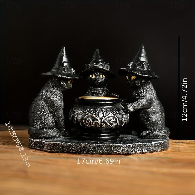 Witch Cat Sculptures Collectible Figurines Set of 1 Halloween Metal and Resin Decor Indoor Use Seasonal Holiday Decorations for Various Room Types Without Electricity3