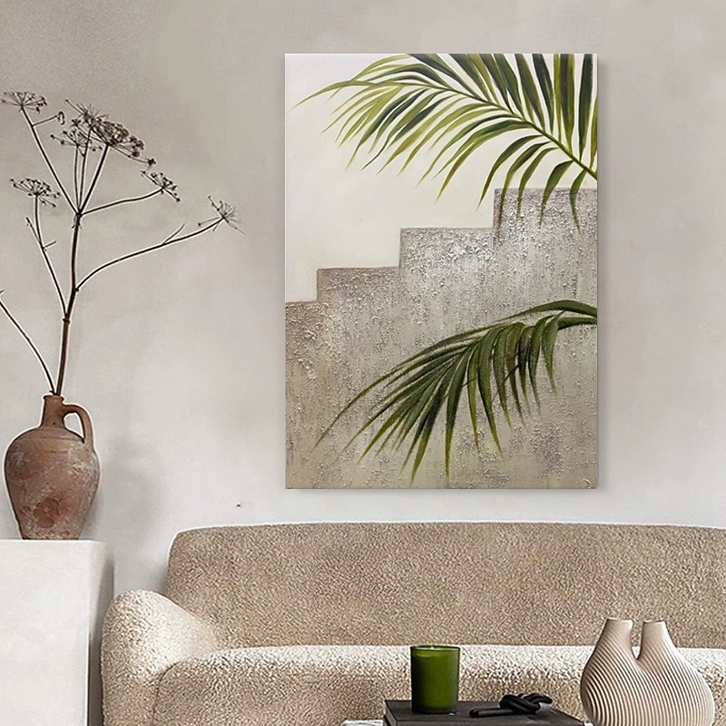 Handmade Oil Paintings Canvas Wall Art Decoration Modern Wabi-Sabi Style Large Leaves for Home Dining Room Decor Rolled Frameless Unstretched Painting