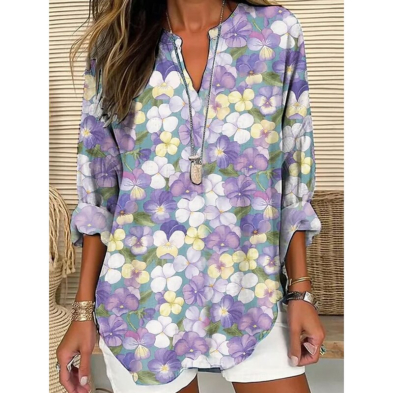 Women's Blouse Tunic V Neck Long Sleeve Boho Casual Tops Floral Graphic Vintage Daily Stylish Regular Tops Daily Print White Purple Green Fall3