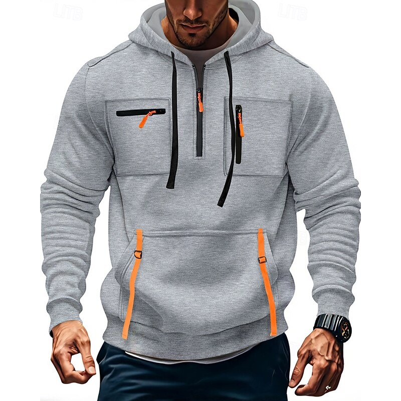 Men's Hoodie Quarter Zip Hoodie Black Army Green Navy Blue Khaki Light Grey Hooded Plain Pocket Quarter Zip Sports & Outdoor Daily Holiday Polyester Streetwear Basic Casual Spring Fall Clothing