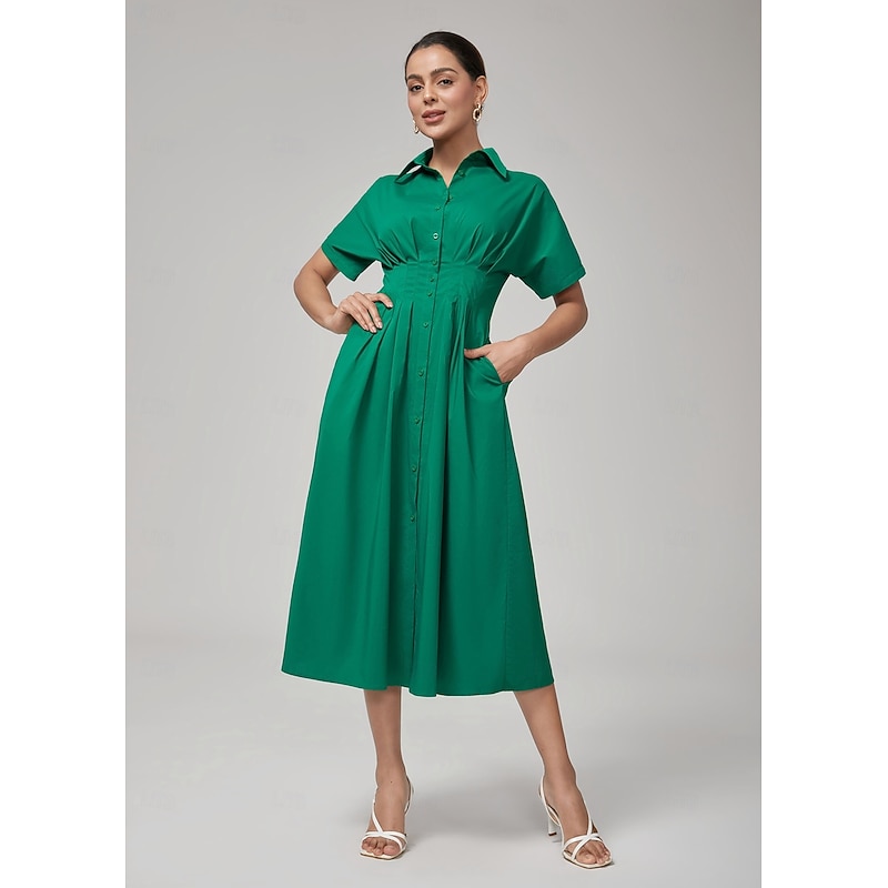 Women's Maxi Dress Vintage Green Cotton Pleated Waist Shirt Collar Casual Elegant Spring Summer Fall4
