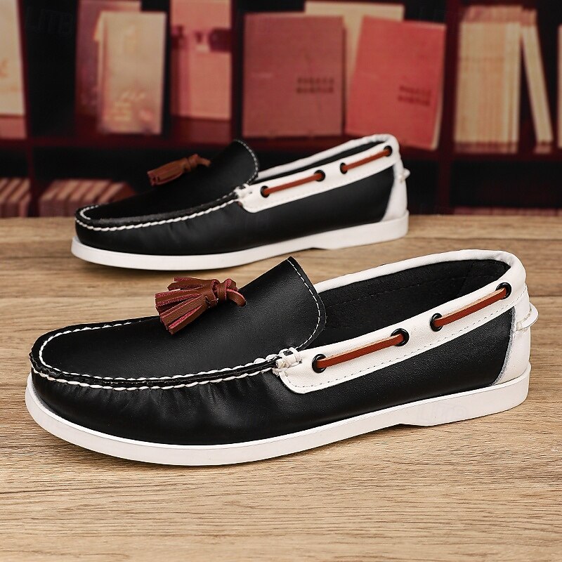 Black and White Tassel Loafers for Men – Trendy Slip-On Design, Faux Leather Casual Shoes for Work and Weekend Outings4