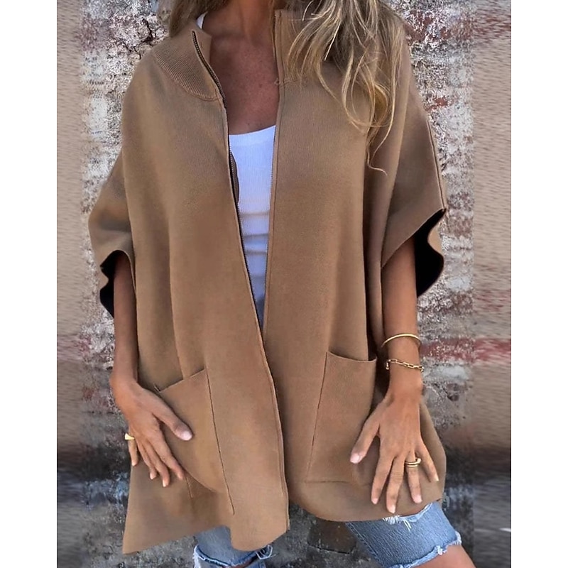 Women's Casual Jacket Comfortable Zipper Pocket Fashion Plain Street Holiday Zipper Regular Stand Collar Regular Fit 3/4 Length Sleeve Outerwear Brown Fall Winter3