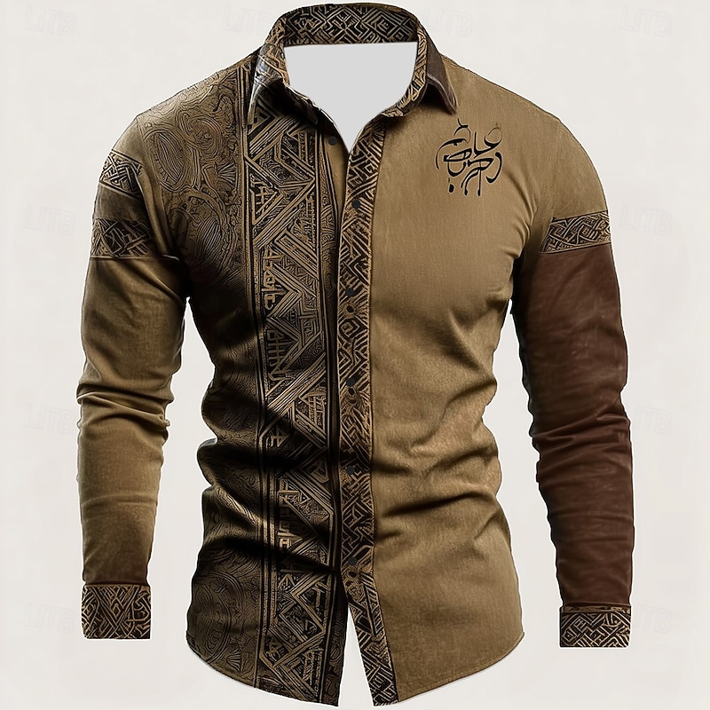 Men's Ethnic Shirt Button Up Shirt Casual Dress Shirt Long Sleeve Vintage Retro Vacation Daily Streetwear Summer Spring Turndown 3D Print Collared Shirts Dark Khaki Khaki2