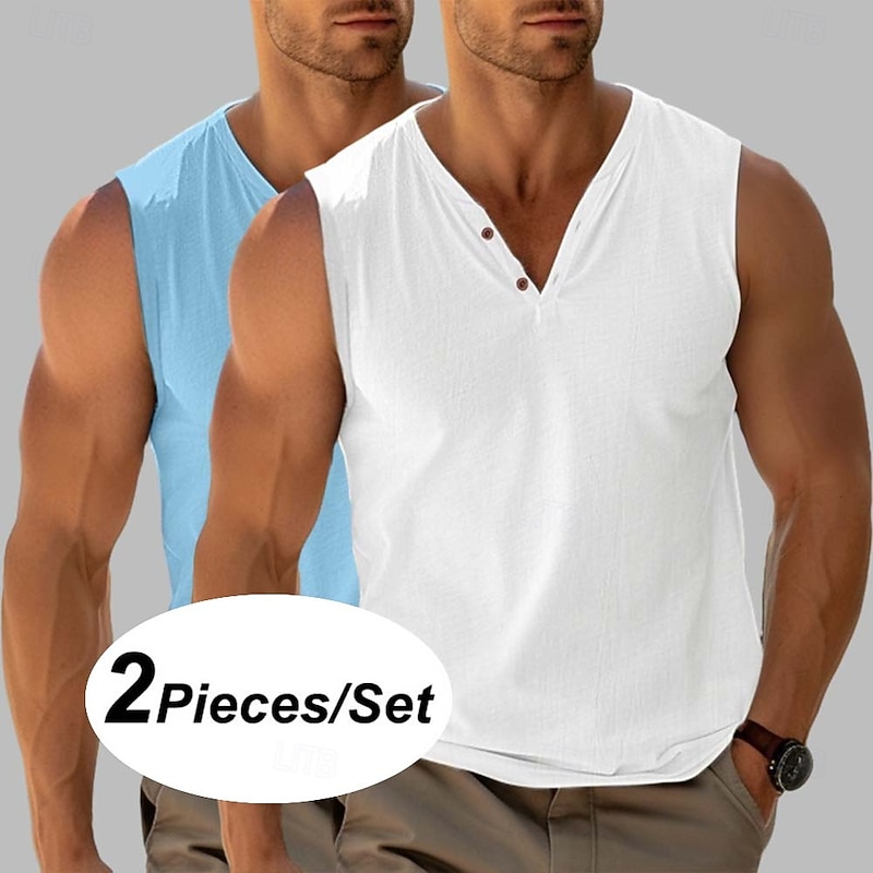 Men's Henley Shirt Tee Top Sleeveless Short Sleeves V Neck Summer Plain Fashion Designer Basic 2 Piece Multi-pack Vacation Street Casual Black+Black White+Khaki Black+ Khaki Top Tee for Men