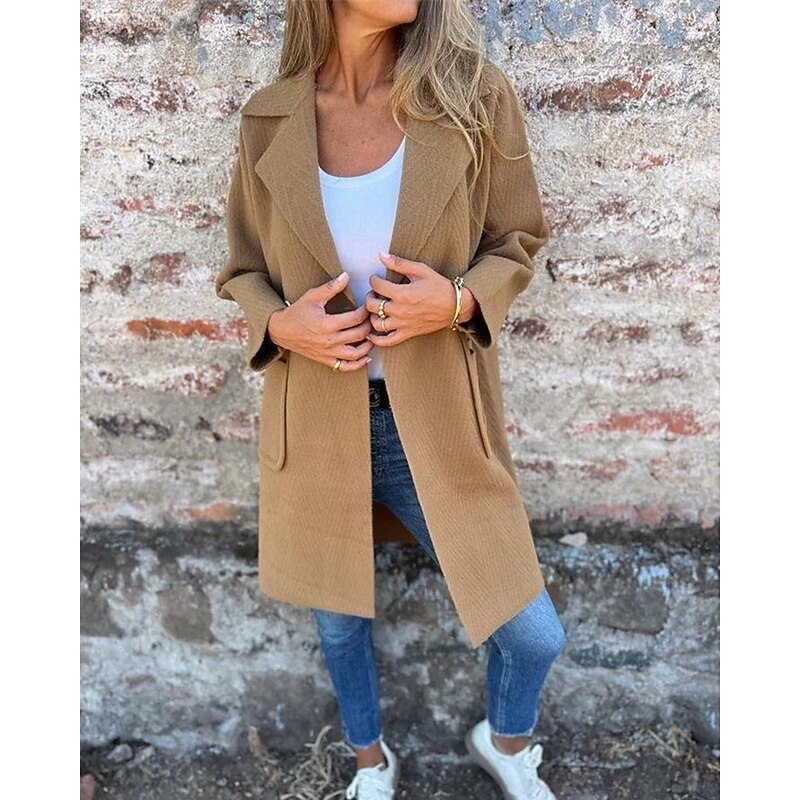 Women's Coat Trench Coat Warm Comfortable Pocket Buttons Fashion Modern Casual Plain Going out Weekend Double Breasted Long Peaked Lapel Regular Fit Long Sleeve Outerwear Black White Camel Fall Winter2