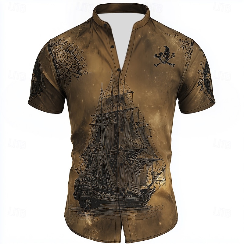 Men's Nautical Sailboat Shirt Button Up Shirt Stand Collar Shirt Short Sleeve Vintage Retro Vacation Dailywear Beach Wear Summer Spring Mandarin Collar 3D Print Linen Like Shirt Brown