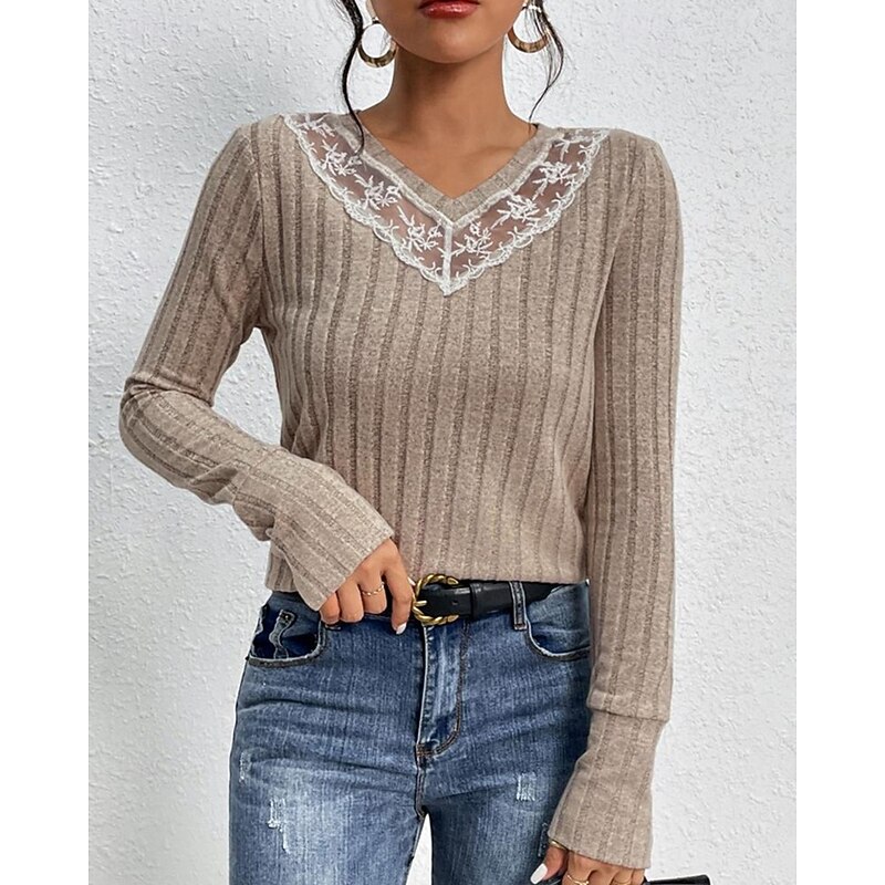 Women's Sweater Pullover Daily Stylish Casual Solid Color Ribbed V Neck Lace Knitted Long Sleeve Regular Tops Knit Daily Holiday Going out Khaki Fall Winter
