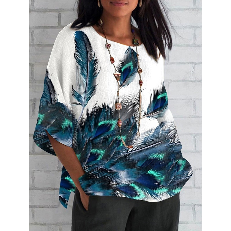 Women's Shirt Feather Daily Casual 3/4 Length Sleeve Crew Neck Regular Tops Daily Holiday Print White Pink Blue Summer Spring Fall