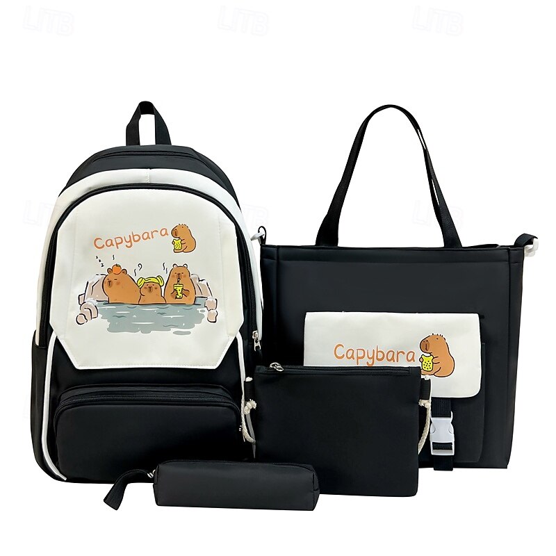 Back to School 4-Piece Black Backpack Set for Girls – Capybara Cartoon School Bag with Tote, Pencil Case & Pouches – Cute & Durable Student Bookbag Kit