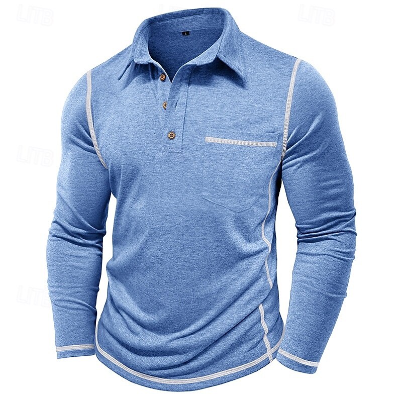 Men's Polo Golf Shirt Sports & Outdoor Casual Standing Collar Classic Long Sleeve Streetwear Cool Plain Front Pocket Spring &  Fall Regular Fit Black White Blue Green Khaki Gray Polo4