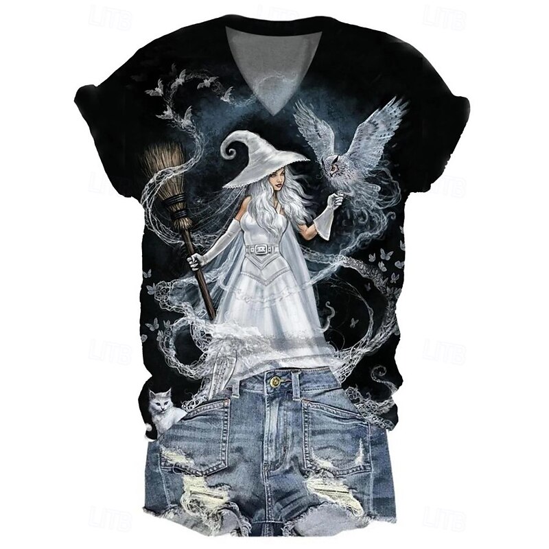 Halloween Women's T shirt Witch Graphic Stylish Casual Funny Short Sleeve V Neck Regular Tops Daily Cute Outfits Date Night Outfits Print Silver Black Brown Green Gray Summer Spring Fall2