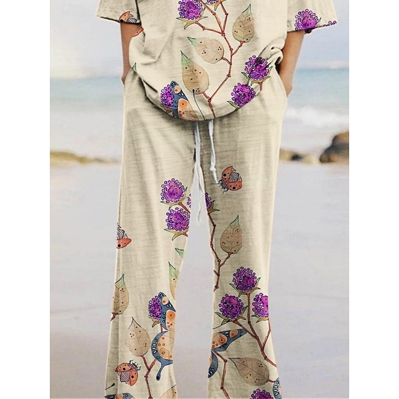 Women's Active Fashion Pants Sets 3/4 Length Sleeve Crew Neck Floral Print Vacation Daily Holiday Khaki Summer Regular Fit2
