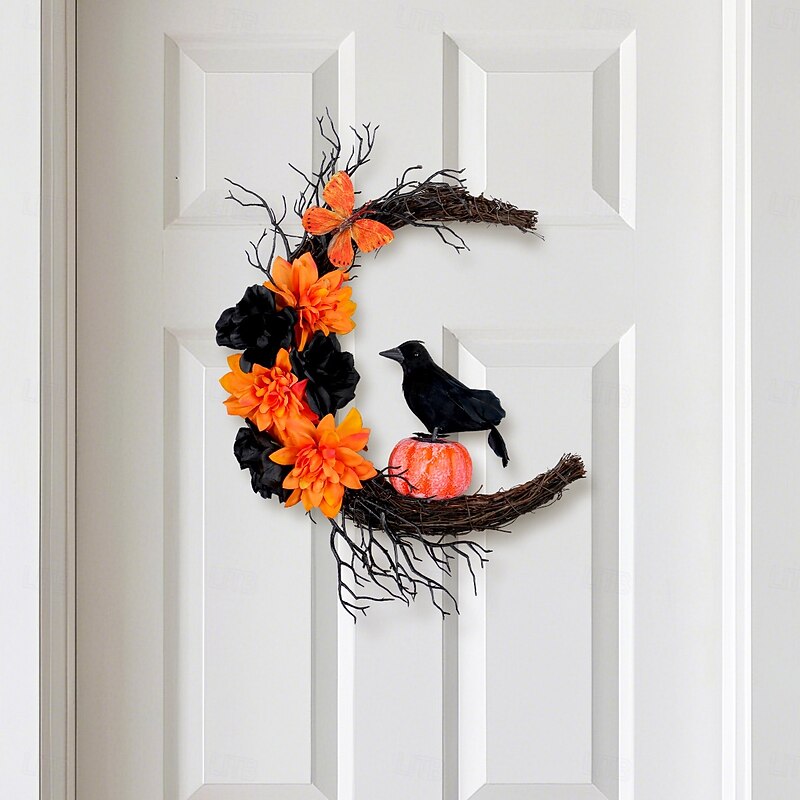 Halloween Wreath for Front Door Indoor Outdoor Decoration, Orange Black Crow Moon Garland with Pumpkin, Twigs, Vine Ring for Party Wall Decor