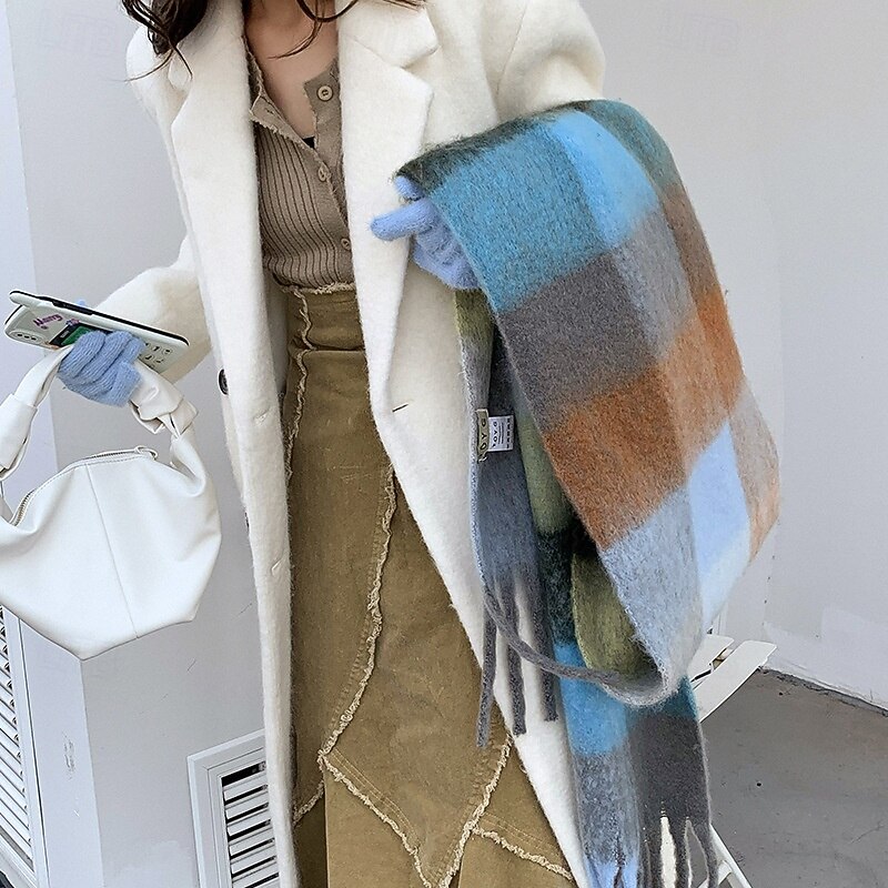 Women's Rectangle Scarf Street Daily Date Yellow Blue Scarf Plaid3