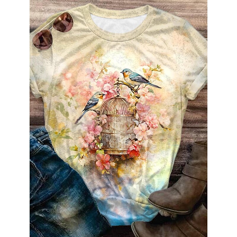 Women's T Shirt Ombre Graphic Animal Vintage Stylish Classic Short Sleeve Crew Neck Regular Tops Daily Weekend Print Pink Blue Brown Green Khaki Summer Spring3