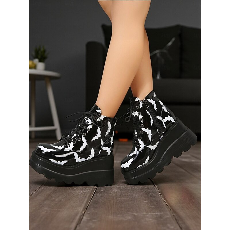 Women's Halloween Bat Print Platform Ankle Boots – Gothic Punk Lace-Up Chunky Heel Combat Boots for Parties, Cosplay, and Night Out4
