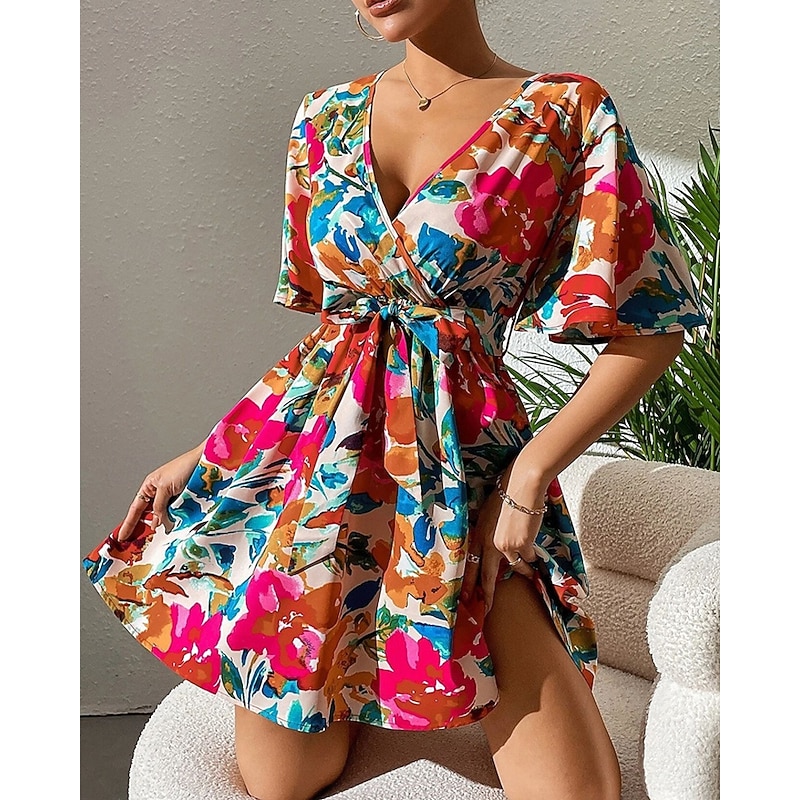 Women's Mini Dress Casual Dress Summer Dress Fashion Outdoor Party Holiday Regular Fit Flower Short Sleeve V Neck Red Summer