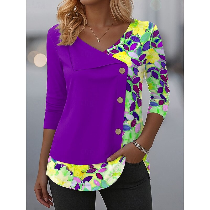 Women's Blouse Tunic V Neck Long Sleeve Buttons Floral Graphic Vintage Fashion Stylish Crew Neck Regular Tops Daily Patchwork Print Blue Purple Green Summer Spring Fall Winter3