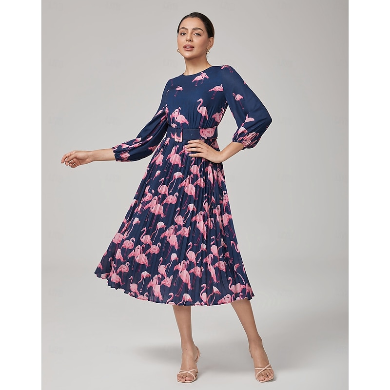 Women's Female Casual Dress Pink Flamingo Summer Fall Cross-Seasons Round Vacation XS S M4