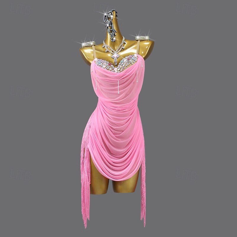 Latin Dance Dress Rhinestone Tassel Women's Performance Salsa Dance Clothes  Sleeveless Samba Cha Cha Rumba Stage Dancewear
