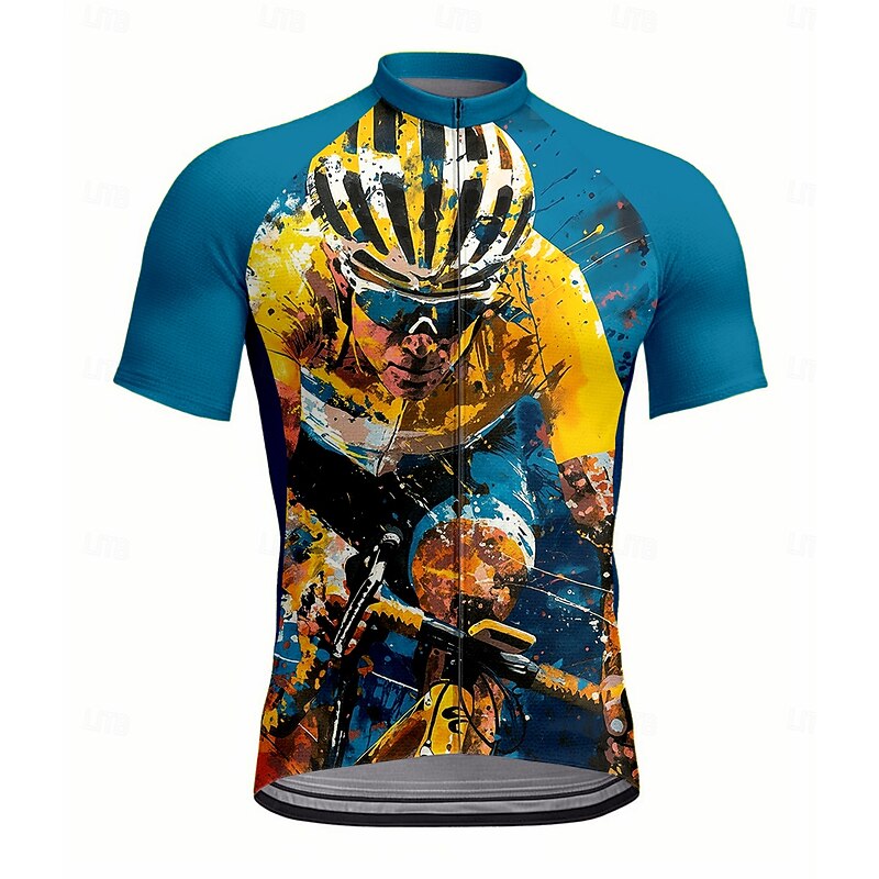 Men's Cycling Jersey Graphic Geometric Short Sleeve Bike Jersey Top with 3 Rear Pockets UV Resistant Quick Dry Front Zipper Reflective Strips Sports Blue Clothing Apparel