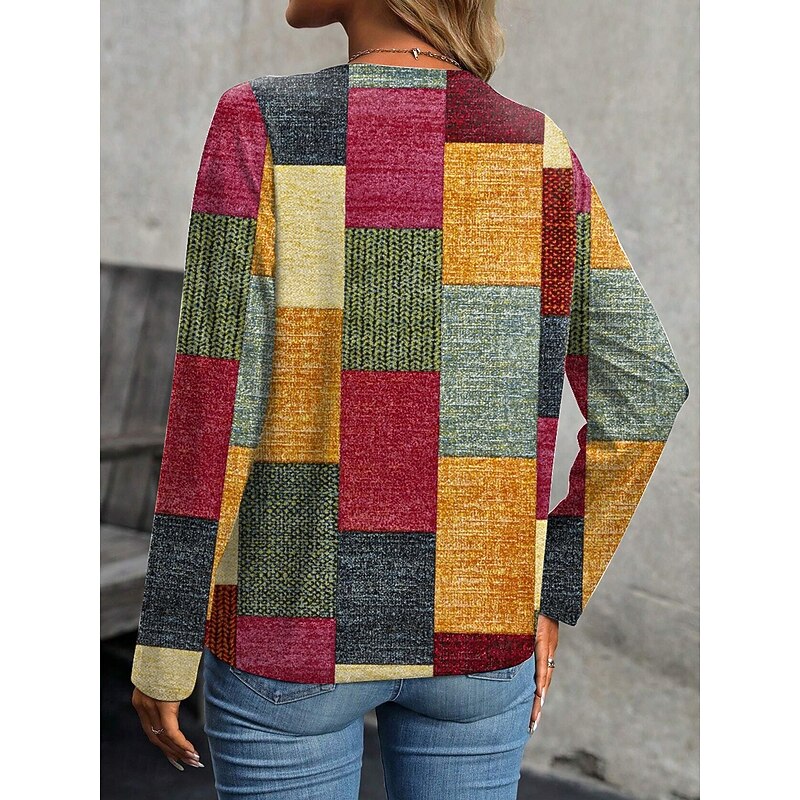 Women's Blouse Tunic V Neck Long Sleeve Buttons Graphic Geometric Vintage Fashion Stylish Regular Tops Daily Patchwork Print Grass Green Yellow Red Green Spring Fall Winter Prefall2