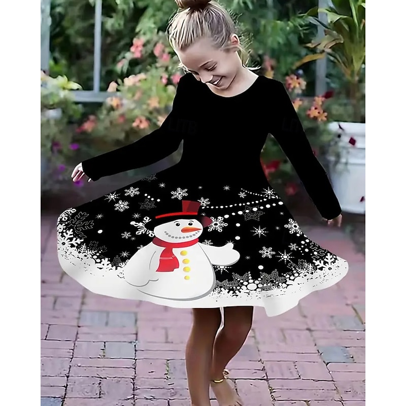 Girls' 3D Snowman Snowflake Dress Long Sleeve Summer Spring Vacation Daily Holiday Princess Beautiful Sweet Kids 4-12 Years Casual Dress A Line Dress Knee-length Regular Fit