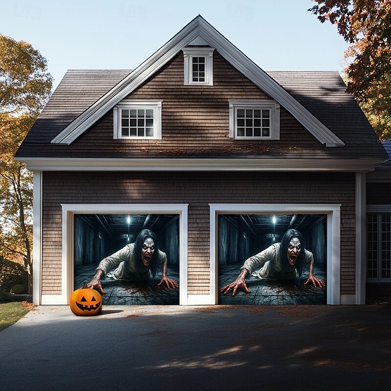 Halloween Garage Door Cover – Creepy Crawling Girl Horror Scene, Scary Outdoor Decoration for 2025 Halloween Home Front Yard4