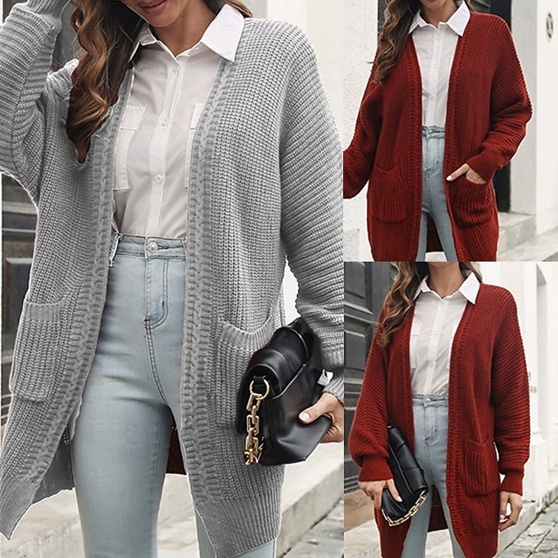 Women's Cardigan Casual Solid Color Chunky V Neck Pocket Knitted Long Sleeve Long Tops Knit Daily Holiday Going out Wine Gray Fall Winter