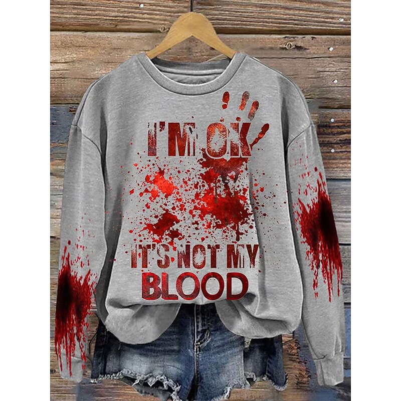 Halloween Women's Sweatshirts Bloodstain Graphic Letter Casual Long Sleeve Crew Neck Regular Tops Street Dailywear Casual Print White Pink Orange Gray Spring Fall Winter3