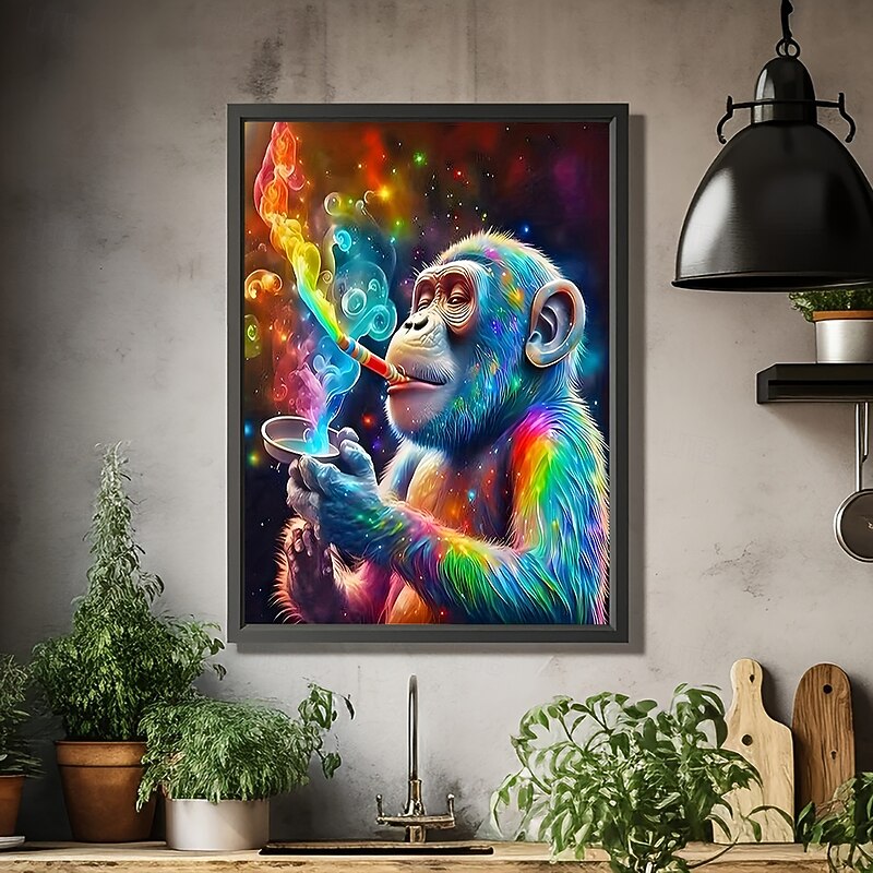 Vibrant Monkey Smoking Pipe Canvas Art Print - Frameless Colorful Cosmic Design for Home Bedroom Kitchen Living Room Bathroom Hotel Cafe Office Wall Decor Living Room Art  Vibrant3
