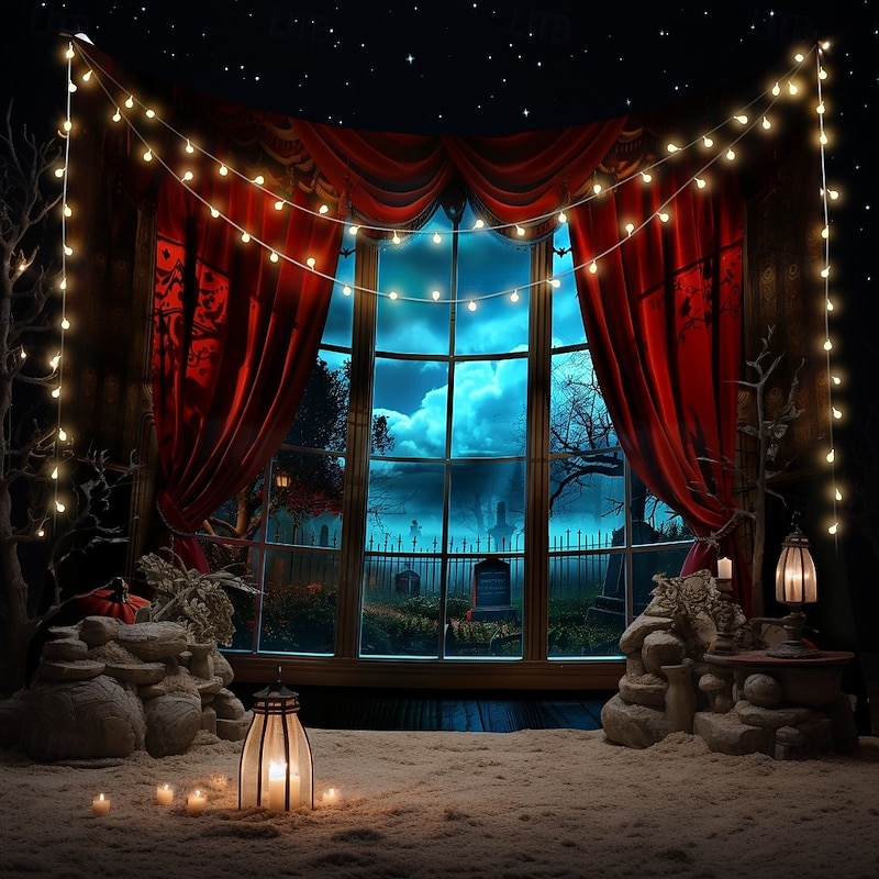 Halloween Gothic Window View Wall Tapestry – Red Curtain Stage with Spooky Moonlit Night Scene, Horror Backdrop for 2025 Halloween Living Room, Bedroom, Haunted House Decoration