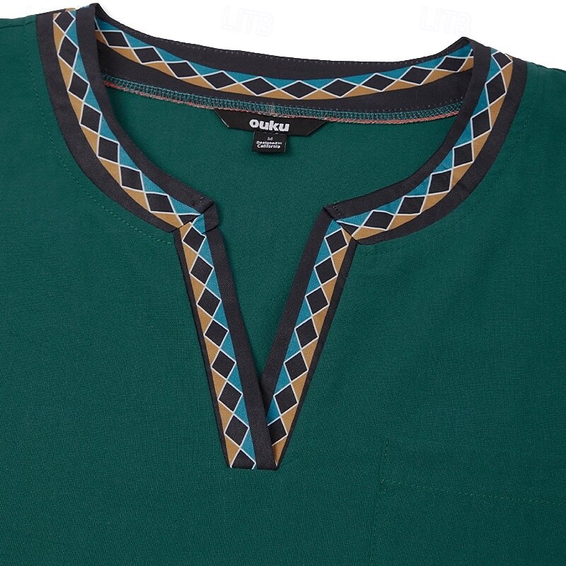 Men's Shirt Linen Shirt Popover Shirt Summer Shirt Beach Shirt Solid Color Vacation Casual Green Long Sleeve V Neck Summer Spring Clothing Apparel Patchwork3
