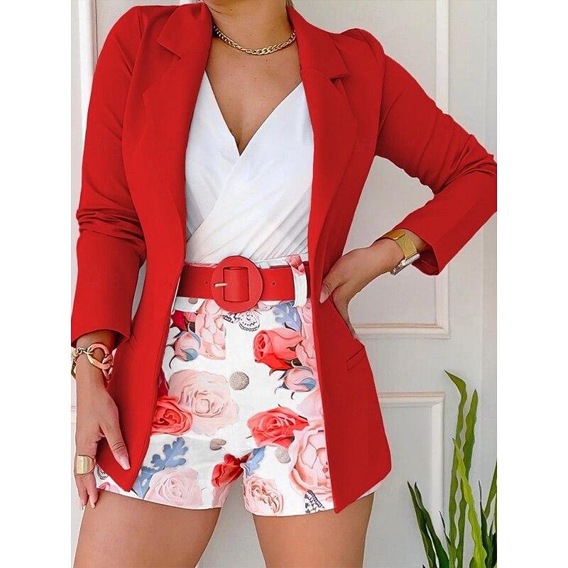 Women's Active Fashion Blazer Blazer Suits Long Sleeve Shirt Collar Solid Color Print Business Wear to work Pink Army Green Red Summer Regular Fit4