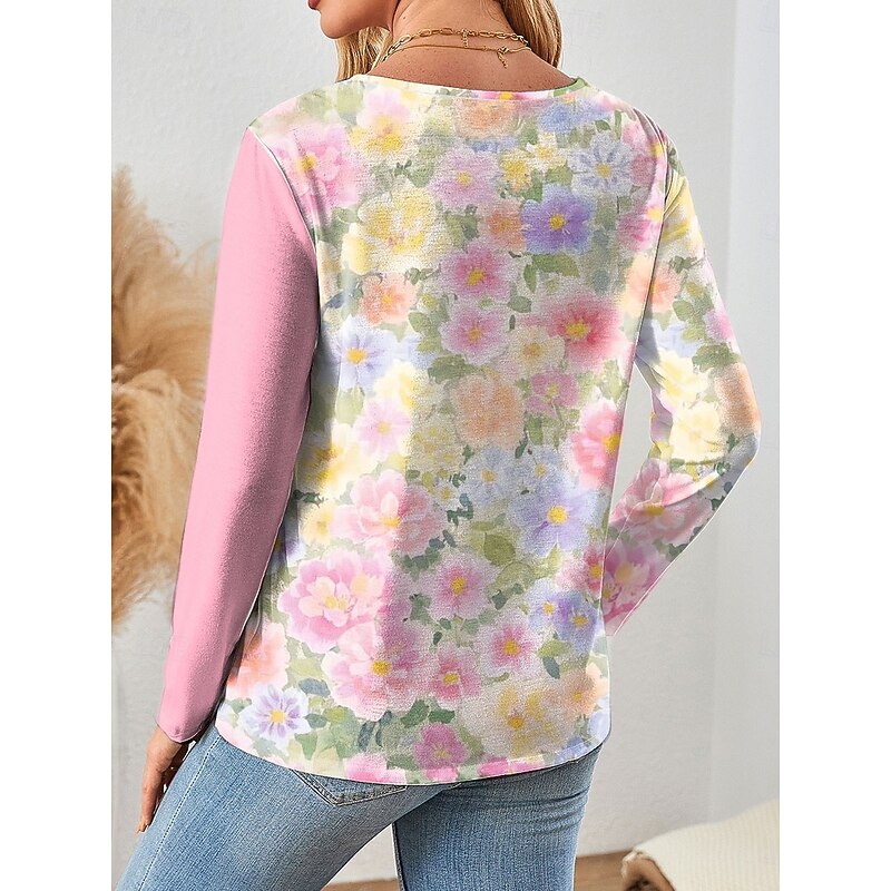 Women's Blouse Tunic V Neck Long Sleeve Buttons Floral Graphic Vintage Stylish Modern Regular Tops Daily Patchwork Print Pink Blue Purple Spring Fall Winter2