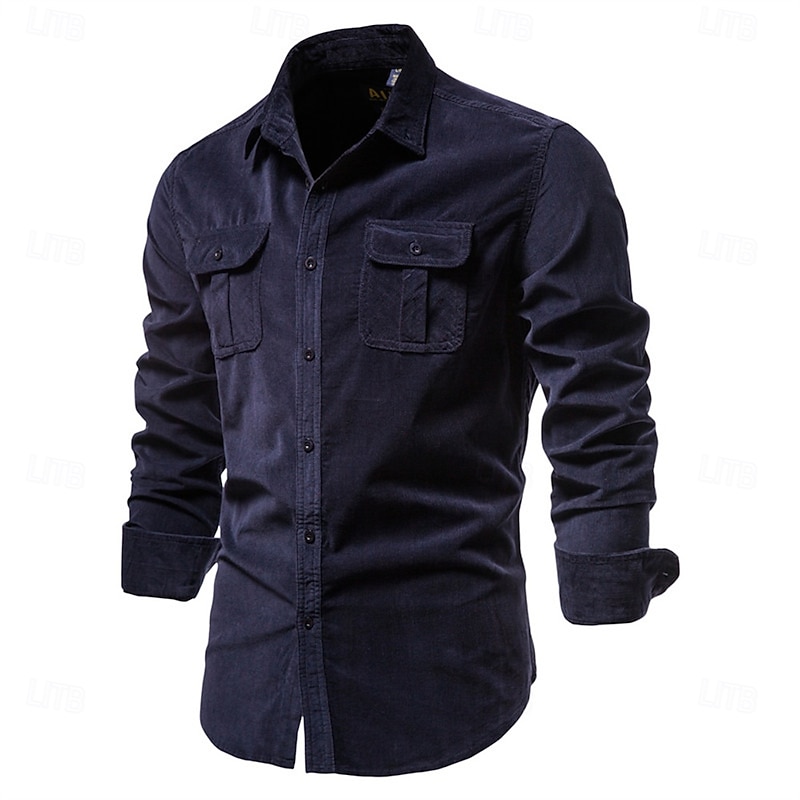 Men's Shirt Casual Shirt Corduroy Shirt Button Up Shirt Denim Blue Dark Navy Brown Green Gray Long Sleeve Plain Casual Daily Front Pocket Clothing Apparel 100% Cotton Casual